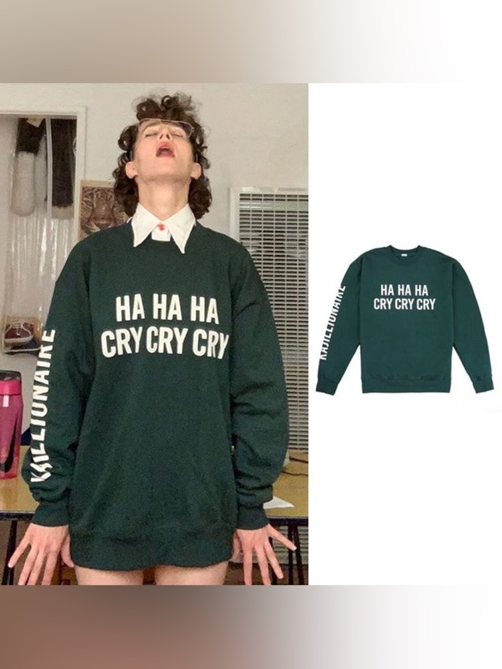 Like New Clare V. Dark Green Crewneck Sweatshirt - HA HA HA CRY CRY CRY size XL